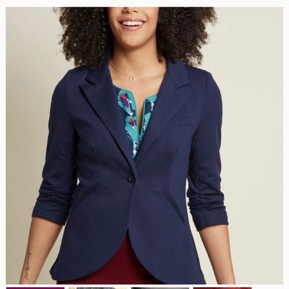 MODCLOTH fine and sandy NAVY ONE BUTTON‎ soft BLAZER JACKET large - Picture 4 of 14